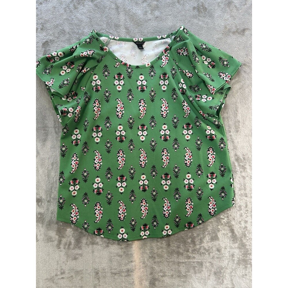 Ann Taylor Women’s Large Green Floral Blouse Short Sleeve Stretch Career Top
